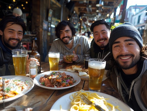 selfie of a group of male friends eating and drinking beers