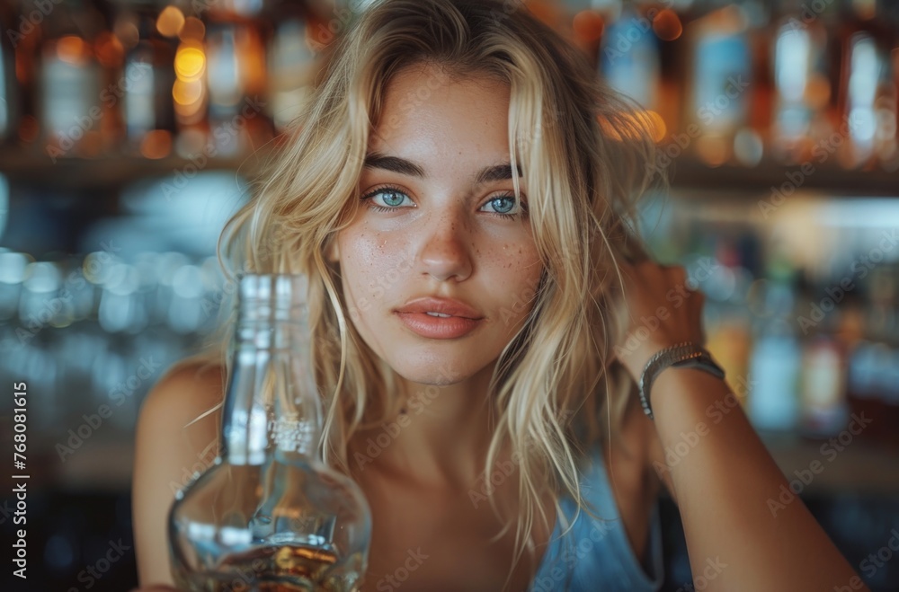 woman drinking in a bar surrounded by alcoholic beverages woman drinking in a bar surrounded by alcoholic beverages