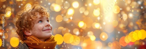 Cheerful child with curly hair smiling on blurred background, ideal for text placement