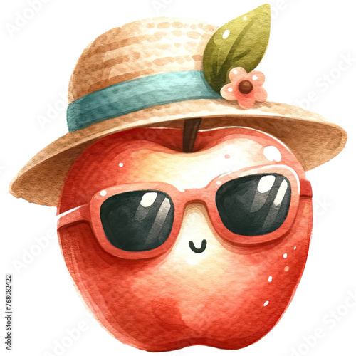 A watercolor illustration of a fashionable red apple character wearing a straw hat and sunglasses, epitomizing summer chic.