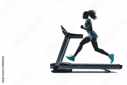femme à la peau noire, en tenue de sport avec short et t-shirt qui coure sur un tapis de course.  Sportive et matériel de sport sur fond blanc avec espace négatif copy space photo