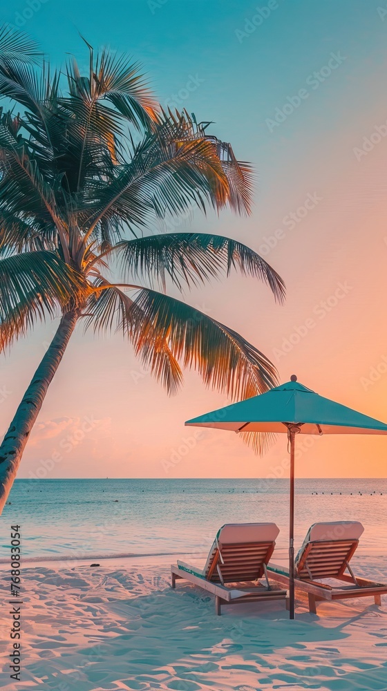 Beautiful tropical beach banner. White sand and coco palms travel tourism wide panorama background concept. Amazing beach landscape. AI generated illustration