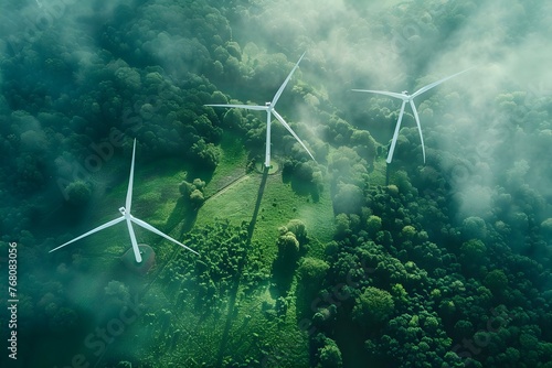 Promoting Sustainable Energy and Environmental Conservation: Aerial View of Wind Turbines in a Green Landscape. Concept Sustainable Energy, Environmental Conservation, Aerial Photography