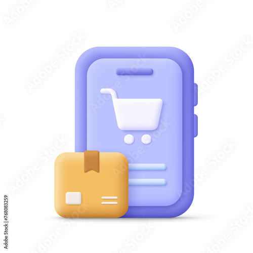 Smartphone display with shopping trolley cart and parcel box. Fast delivery, shipping and online shopping concept. 3d vector icon. Cartoon minimal style.