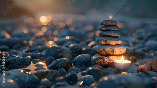 stack of stones and candle light, generative ai