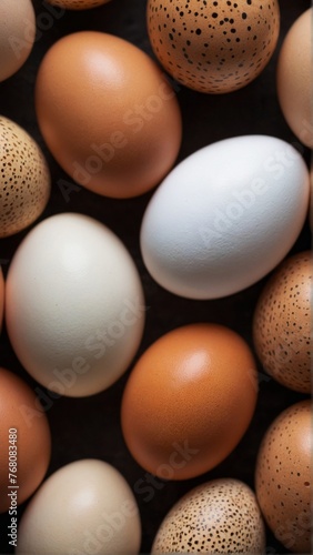 Chicken eggs of different colors and sizes.