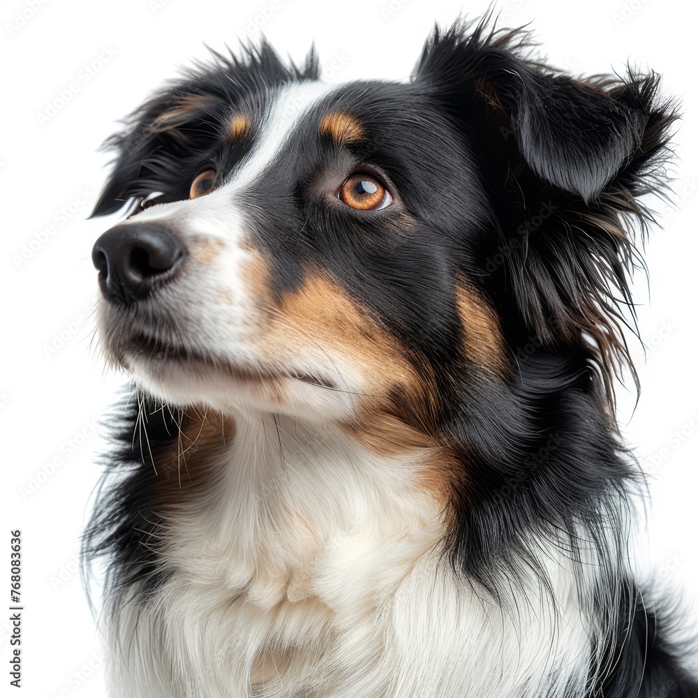 Border collie dog portrait, cute white and black color puppy isolated on white 