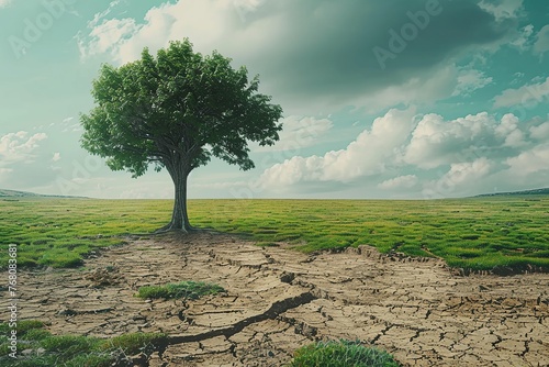 This conceptual image portrays the stark difference between a thriving  green field and a dry  desolate area  with a resilient tree symbolizing growth and vitality amidst the changing environmental 