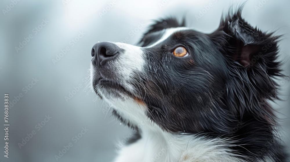 Border collie dog portrait, cute white and black color puppy looking up, side view Border collie dog portrait, cute white and black color puppy looking up, side view