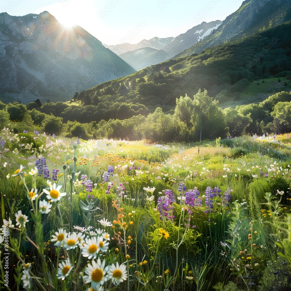 Breathtaking Mountainous Meadow Abloom with Vibrant Wildflowers under Warm Sunlight