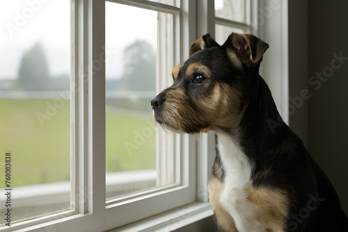 American Staffordshire Terrier sits by window contemplating outside view