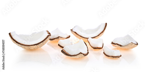Pile of coconut , pieces of coconut isolated on white Background.