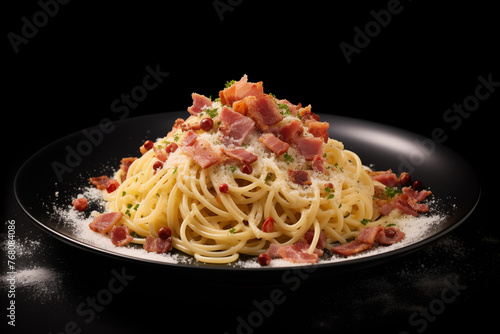 assiette typiquement italienne, spaghetti à la carbonara avec des lardons, du parmesan râpé des œufs et de la crème fraîche. Assiette noir sur fond noir photo