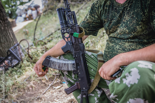 Pro-Russian militia checkpoint in Sloviansk during Russo-Ukrainian War in Donbas region, Ukraine photo