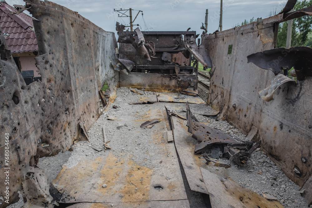 Fototapeta premium Railway cross, area of heavy fights with pro-russian separatists in Sloviansk during Russo-Ukrainian War in Donbas, Ukraine