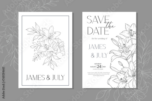 Line Art Lily Flower  Wedding Invitation template,  Outline Lily Minimalist Wedding Stationery