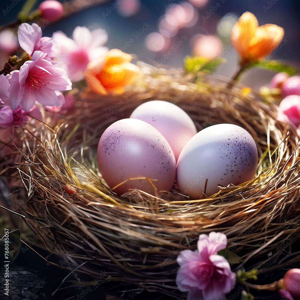 Easter eggs in a nest on a background of spring blooming spring flowers