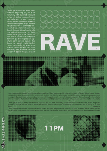 Flyer of rave party template. With halftone elements with a man who drinks cocktails. Green and black colors. Grunge trendy collage design. Vector art.