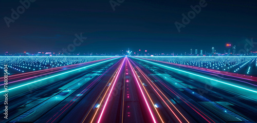 A futuristic neon highway stretching into the distance  lined with rows of dazzling city lights that create a mesmerizing nighttime scene
