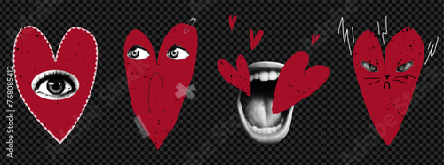 Set of collage elements of hearts. Valentine's day art with eye and mouth. Quirky odd art with scream and cat face. Vector paper and halftone texture