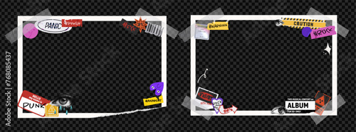 Photo frame for pictures with grunge puck stickers. Vector album template with piece of tape. Scrapbook on transparent background as a png. Ripped border paper.