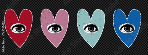 Set of collage elements of hearts. Valentine's day art with eyes. Quirky odd art.  Vector paper and halftone texture