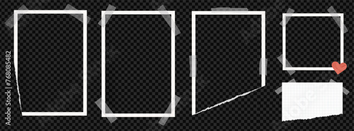 Set of vertical snd squareframe photo. Picture album template with tape. Vector paper page for image. Photograph blank element on trandparent background.