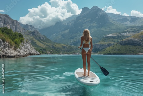 Woman sup yoga. Happy young sporty woman practising yoga meditation on paddle sup surfboard. Young woman doing meditation and relax on sea water. Modern individual outdoor summer sport activity. © KatyaPulina