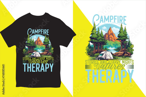 Campfire Stores and starry night Natures Therapy. T-shirt Design. Vector Illustration