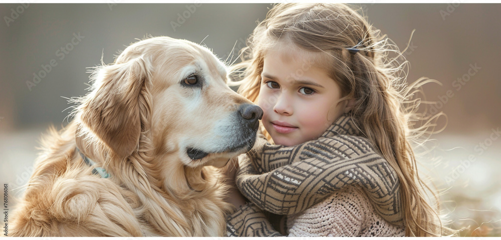 A young girl sharing her secrets with her loyal Golden Retriever, knowing that he will always be there to listen and comfort her