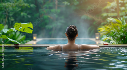 Beautiful young female tourist relaxing in onsen hot spring pool with her back turned,surrounded by the lush greenery. Health and wellness tourism concept.