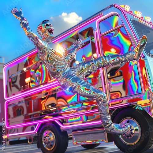 goofy caricature silver reflecting ultraman dancing up upon a bossa nova advertising truck photo