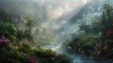 Enchanting Misty Mountain Forest with Flowing River and Cascading Waterfall in Dreamlike Landscape