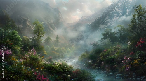 Enchanting Misty Mountain Forest with Flowing River and Cascading Waterfall in Dreamlike Landscape