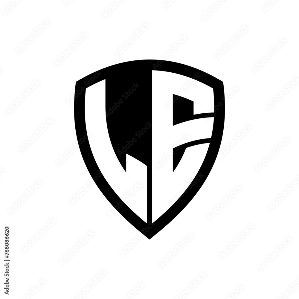 LE monogram logo with bold letters shield shape with black and white color design LE monogram logo with bold letters shield shape with black and white color design