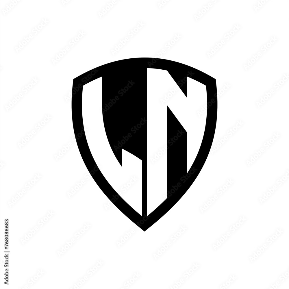 LN monogram logo with bold letters shield shape with black and white color design LN monogram logo with bold letters shield shape with black and white color design