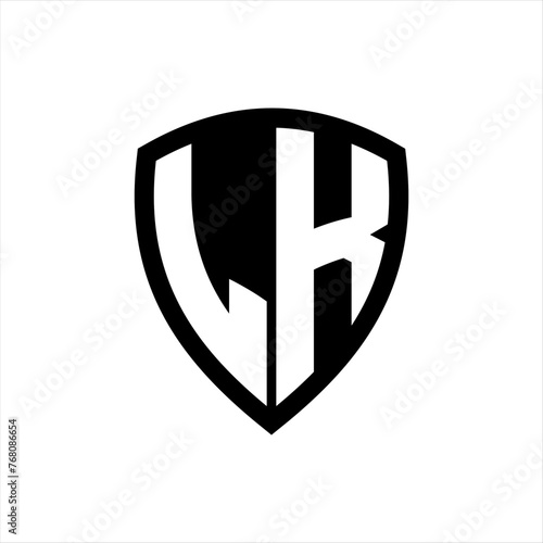 LK monogram logo with bold letters shield shape with black and white color design