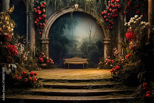 A large archway with flowers and vines leading to a stage.