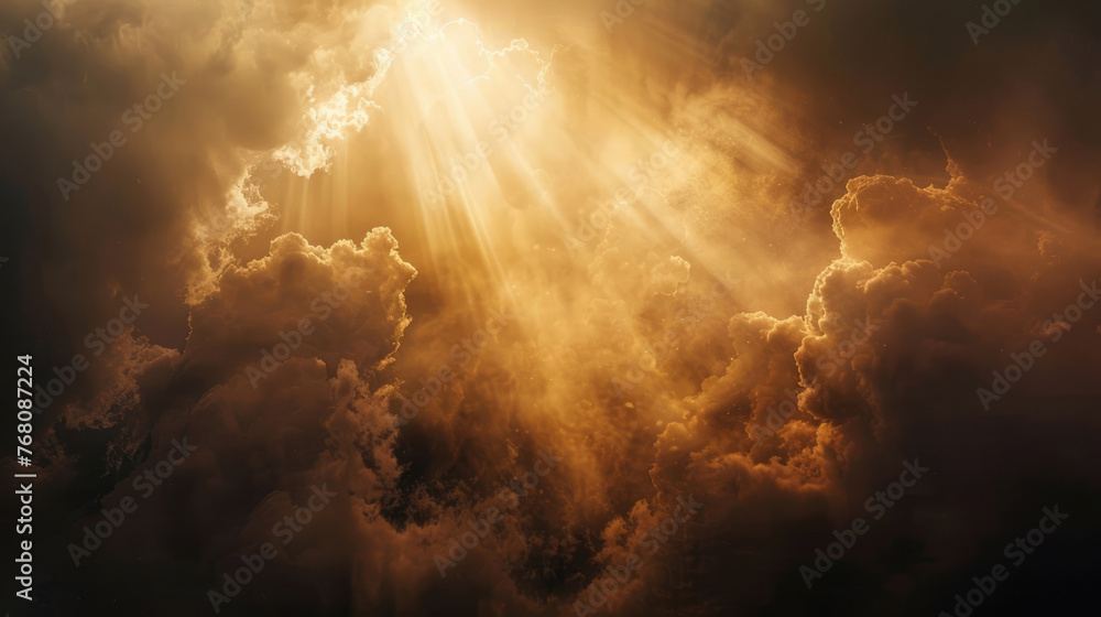 Fototapeta premium A hot ray of sunlight penetrates a dense cloud of dust AI
