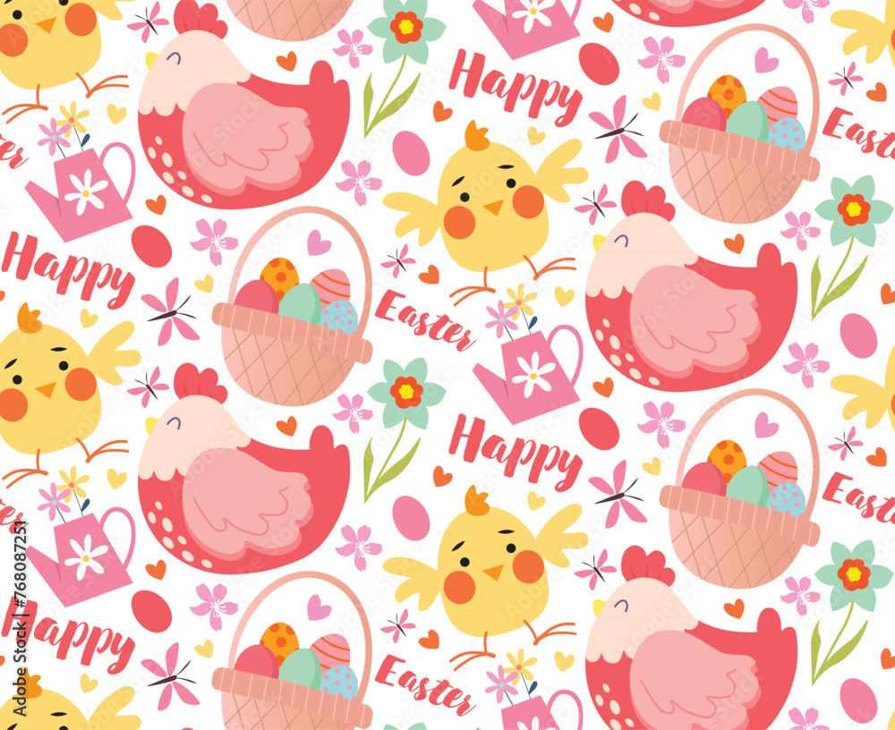 Easter holiday seamless pattern with yellow chicks and flowers