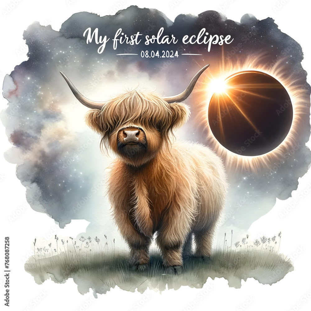 Fototapeta premium My First Solar Eclipse 08.04.2024 Highland Cow Image Watercolor Clipart, PNG