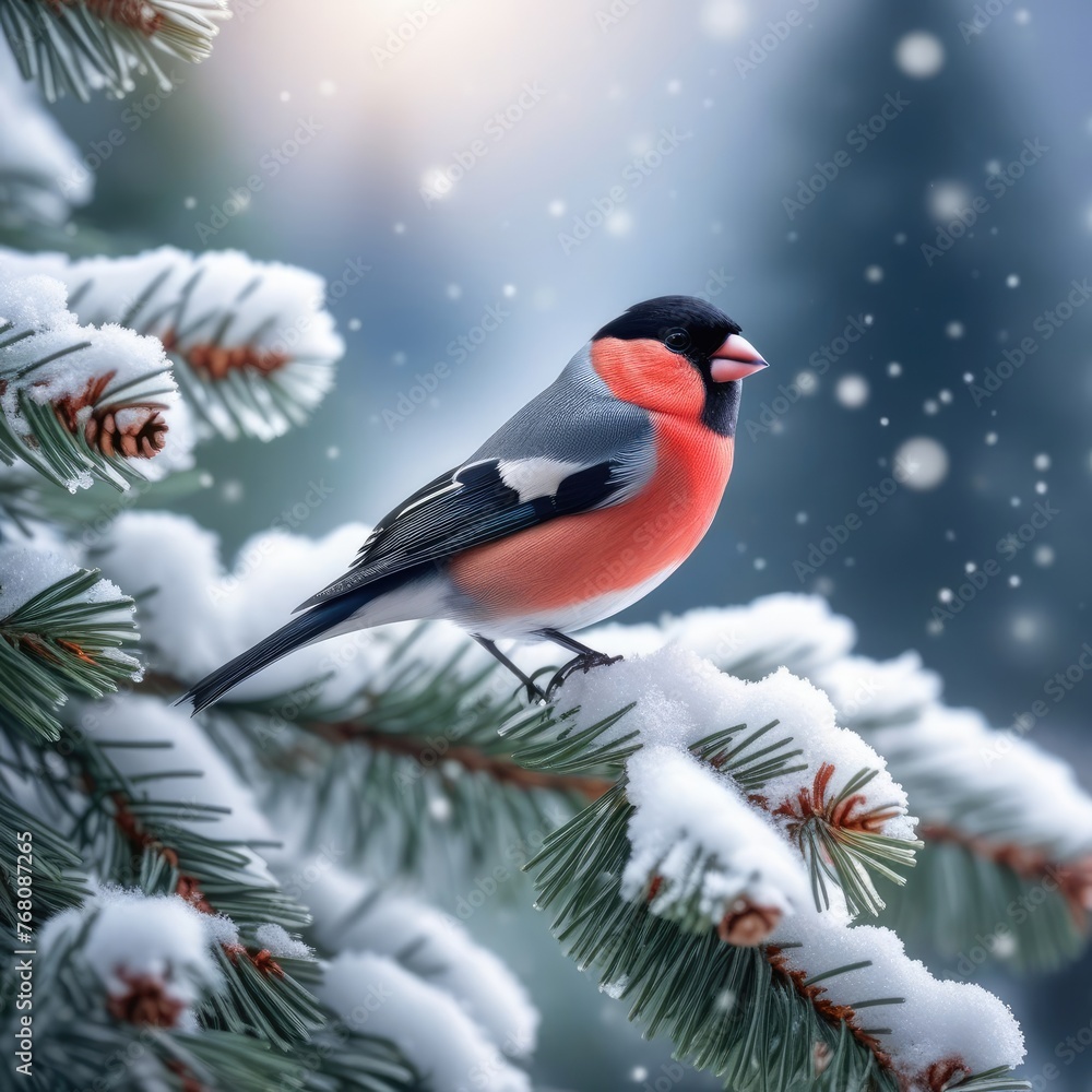 bird a red bullfinch sits on the branches of a spruce tree covered with frost in a winter Christmas Park