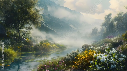 Misty Mountain River Landscape with Blooming Wildflowers in Serene Scenic Countryside Panorama