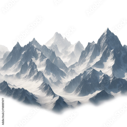 Majestic landscape mountain peaks with snow capped summits isolated on white background
