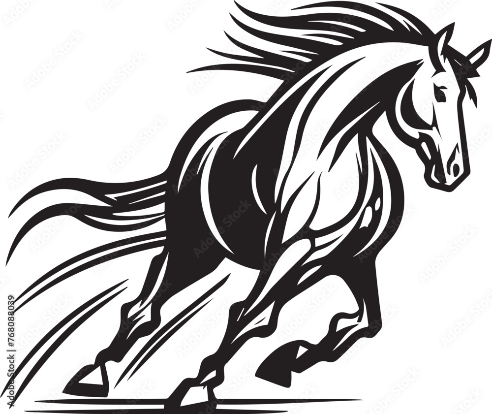 Fototapeta premium Beautiful black and white vector illustration of a majestic running horse silhouette in dynamic motion and graceful movement, representing the strength and freedom of this spirited equine animal