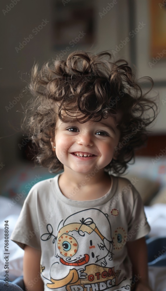 Charming child with curly hair joyfully smiling and making eye contact with camera Charming child with curly hair joyfully smiling and making eye contact with camera