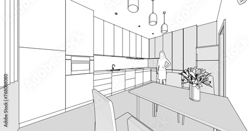 house interior design kitchen 3d illustration