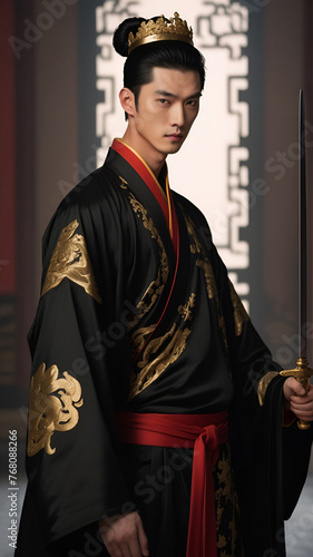 A chinese man dressed in black and gold Chinese attire, holding a sword