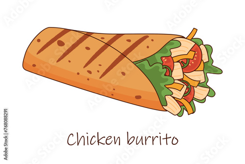 Vector chicken, vegetables roll, fast food meal. Doner kebab, shawarma or burrito flat cartoon illustration isolated on a white background. Arabic, eastern food, mexican food