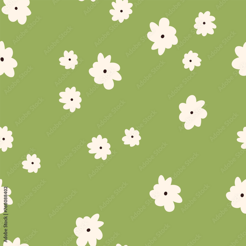 Cute daisy seamless pattern, cartoon flat vector illustration on green background. Spring floral pattern. Concepts of nature, meadow, summer.